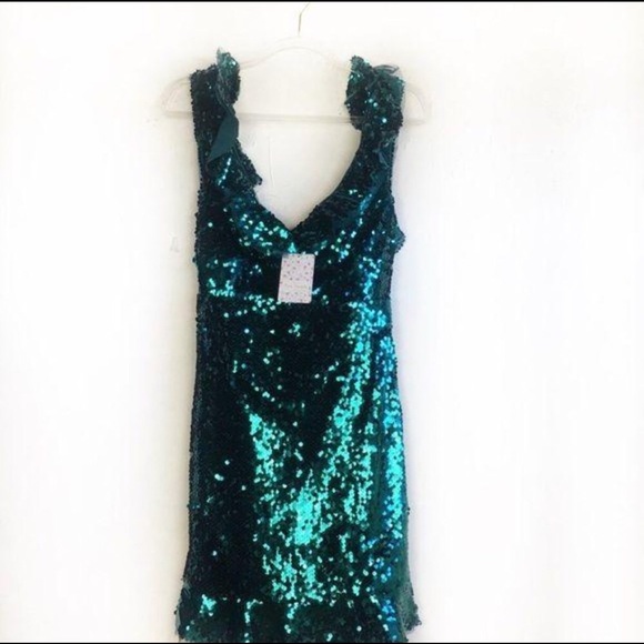Free People Siren Green Sequins Mini Dress Size 12 - Picture 2 of 8